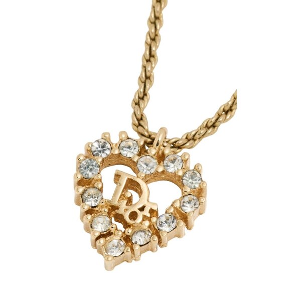 Authentic Christian Dior Vintage Rhinestone Crystal Heart Necklace Gold Plated - Picture 1 of 11